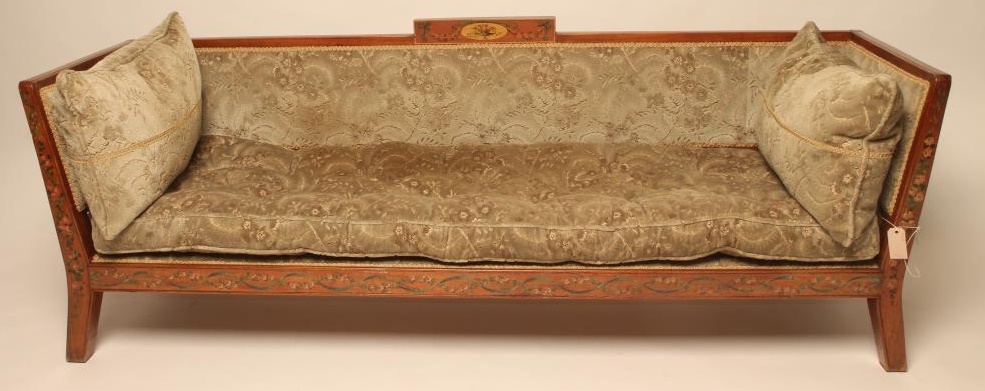 AN EDWARDIAN PAINTED SATINWOOD SETTEE upholstered in cut velvet and painted with ribbons Image