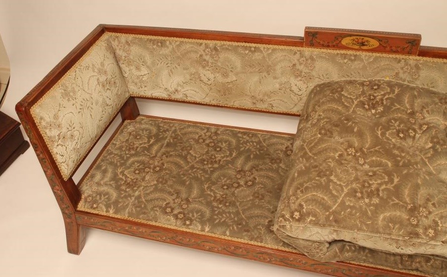 AN EDWARDIAN PAINTED SATINWOOD SETTEE upholstered in cut velvet and painted with ribbons Image