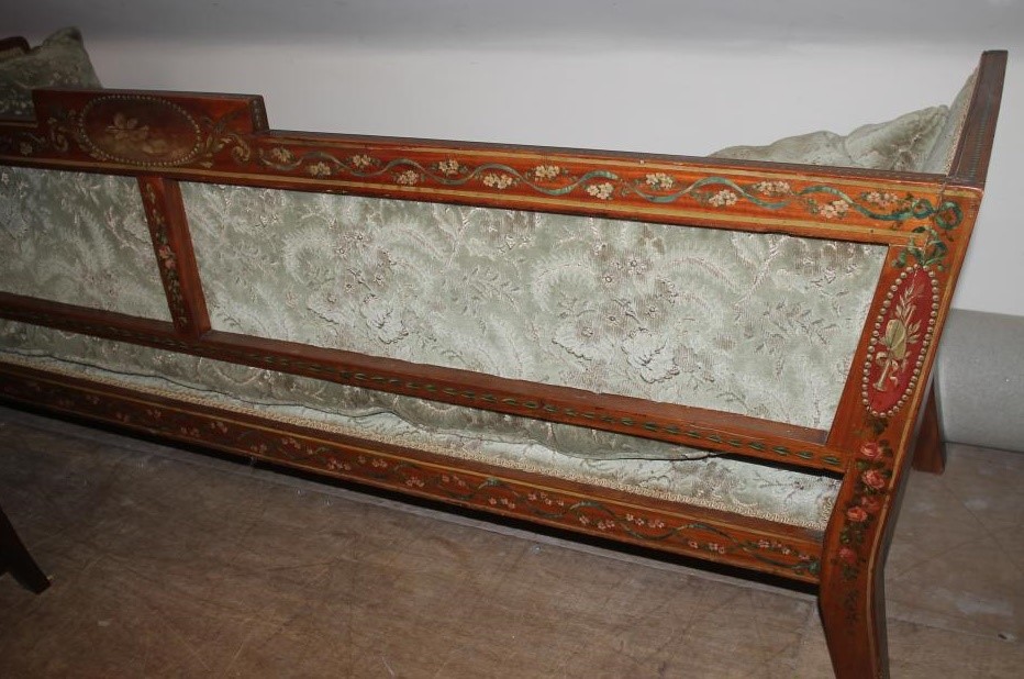 AN EDWARDIAN PAINTED SATINWOOD SETTEE upholstered in cut velvet and painted with ribbons Image