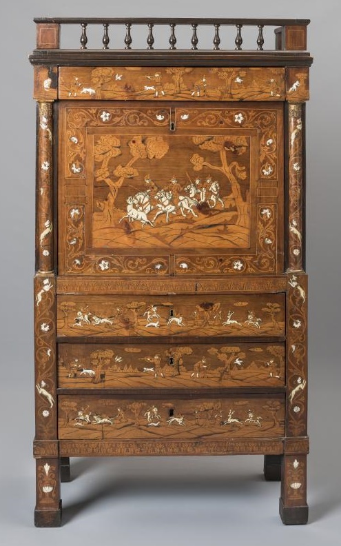A NORTH EUROPEAN WALNUT AND BONE INLAID SECRETAIRE A ABATTANT Image