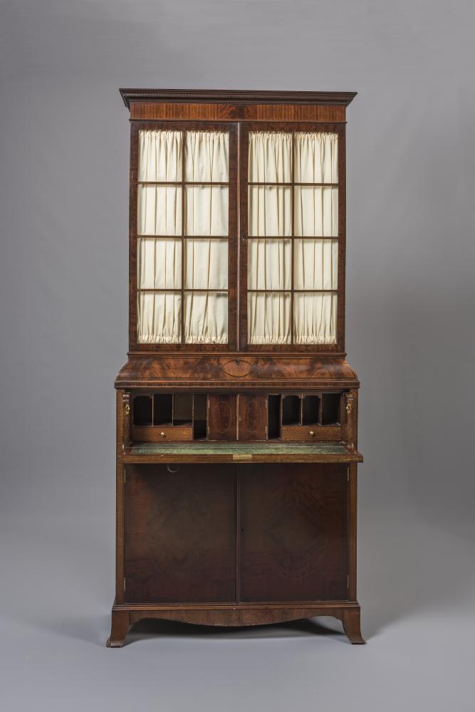 A MAHOGANY AND CHEQUER STRING SECRETAIRE BOOKCASE Image