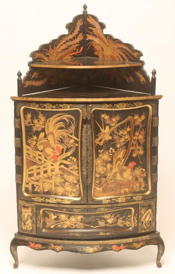 A CHINESE BLACK LACQUERED CORNER CUPBOARD Image