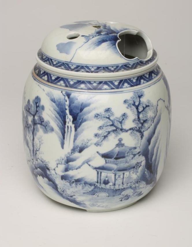A JAPANESE PORCELAIN JAR AND COVER of cylindrical form raised upon three bracket feet Image
