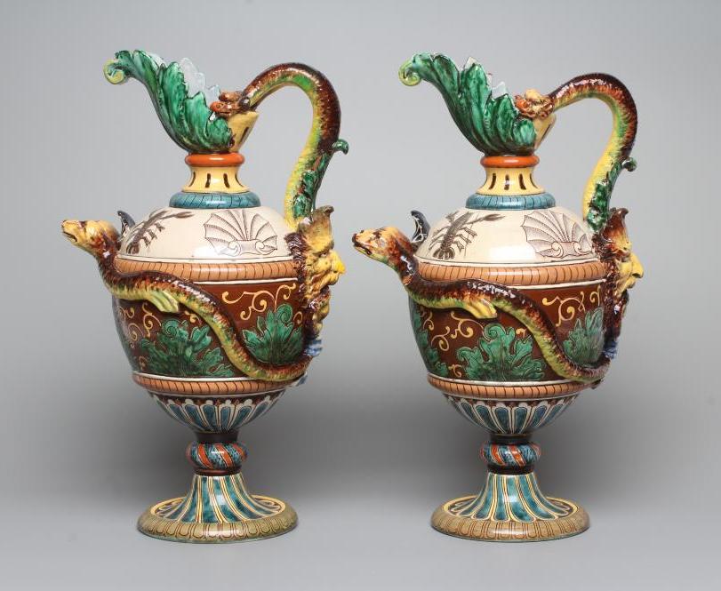 A PAIR OF MAIOLICA PEDESTAL EWERS Image