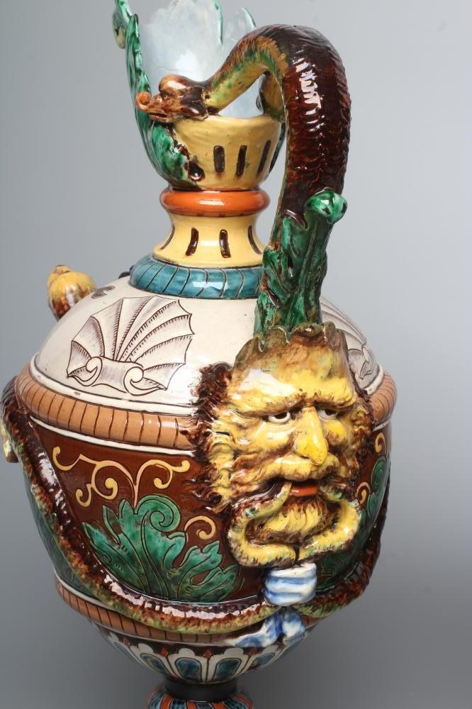 A PAIR OF MAIOLICA PEDESTAL EWERS Image