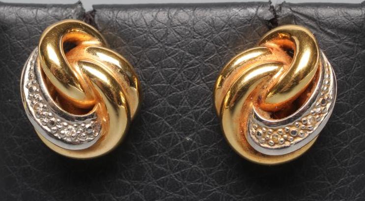 A PAIR OF 18CT BI-COLOUR GOLD KNOT EAR STUDS, each set with two diamond points to the white beaded Image