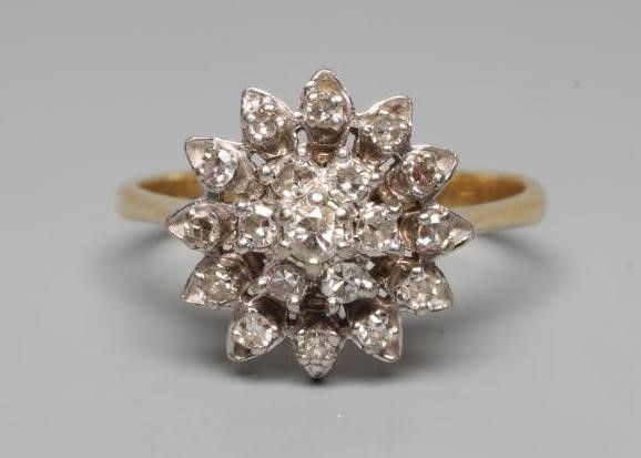 A DIAMOND CLUSTER RING, the central seven stone cluster to a border of twelve smaller stones and Image