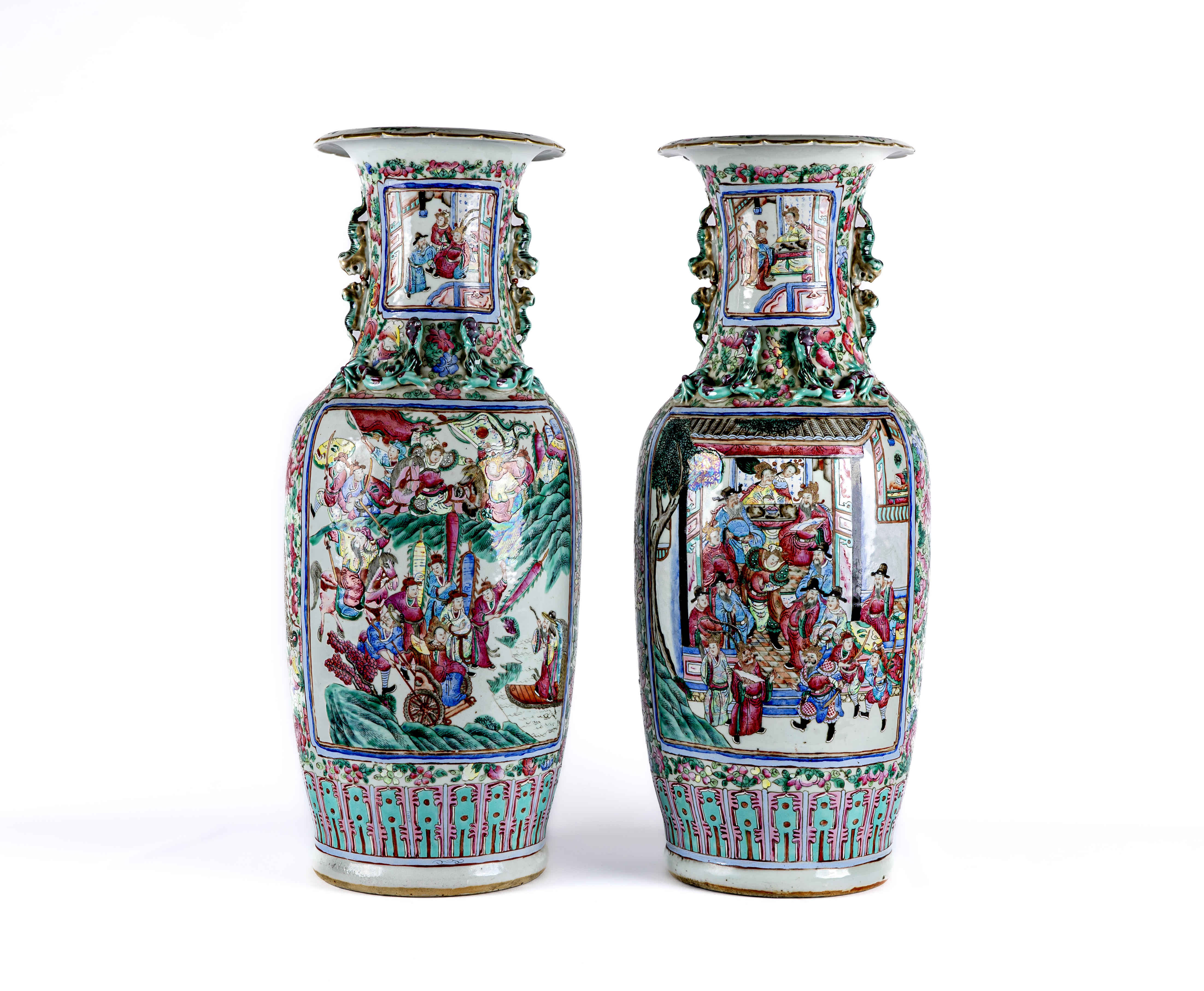 A PAIR OF CANTONESE PORCELAIN FAMILLE ROSE ROULEAU ALCOVE VASES with shi-shi handles and salamanders Image