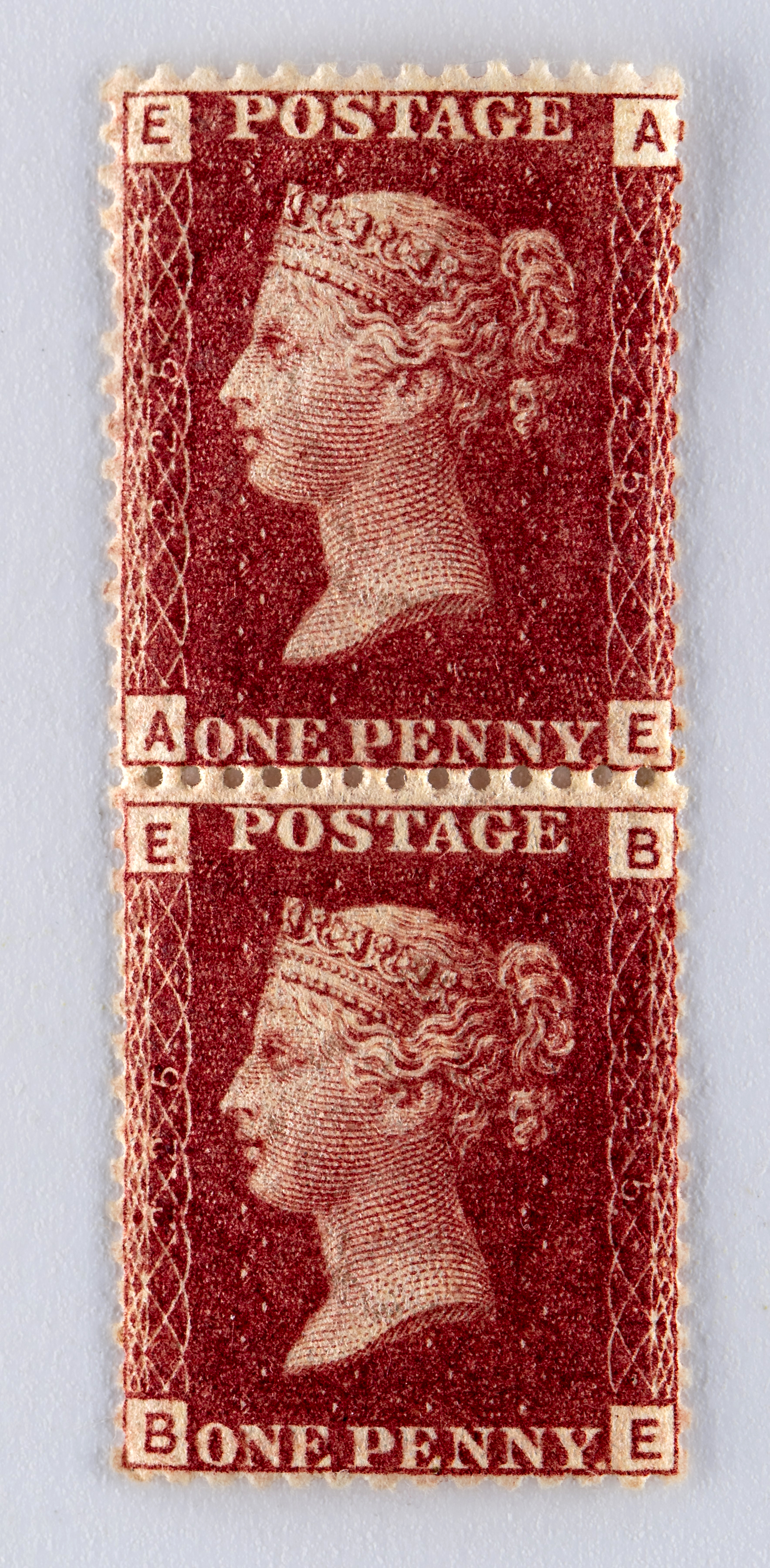 1864 1d RED PLATE 225 PAIR MINT (perforation fault and both stamps have significant creasing) (Est. Image