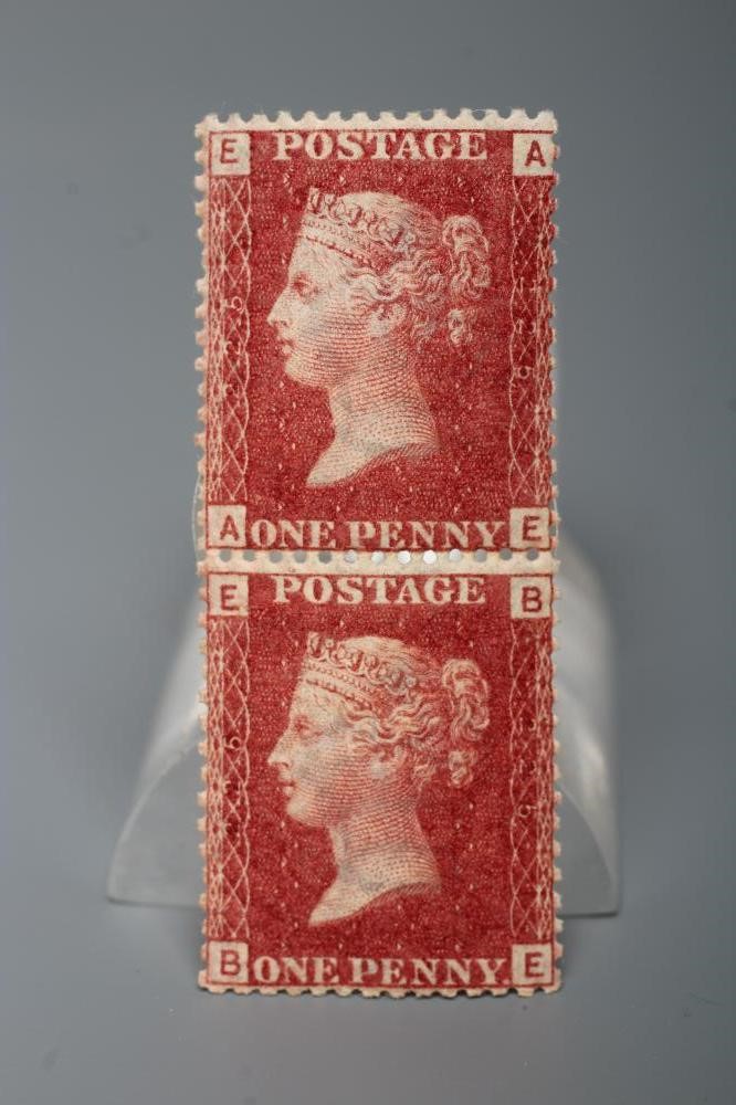 1864 1d RED PLATE 225 PAIR MINT (perforation fault and both stamps have significant creasing) (Est. Image