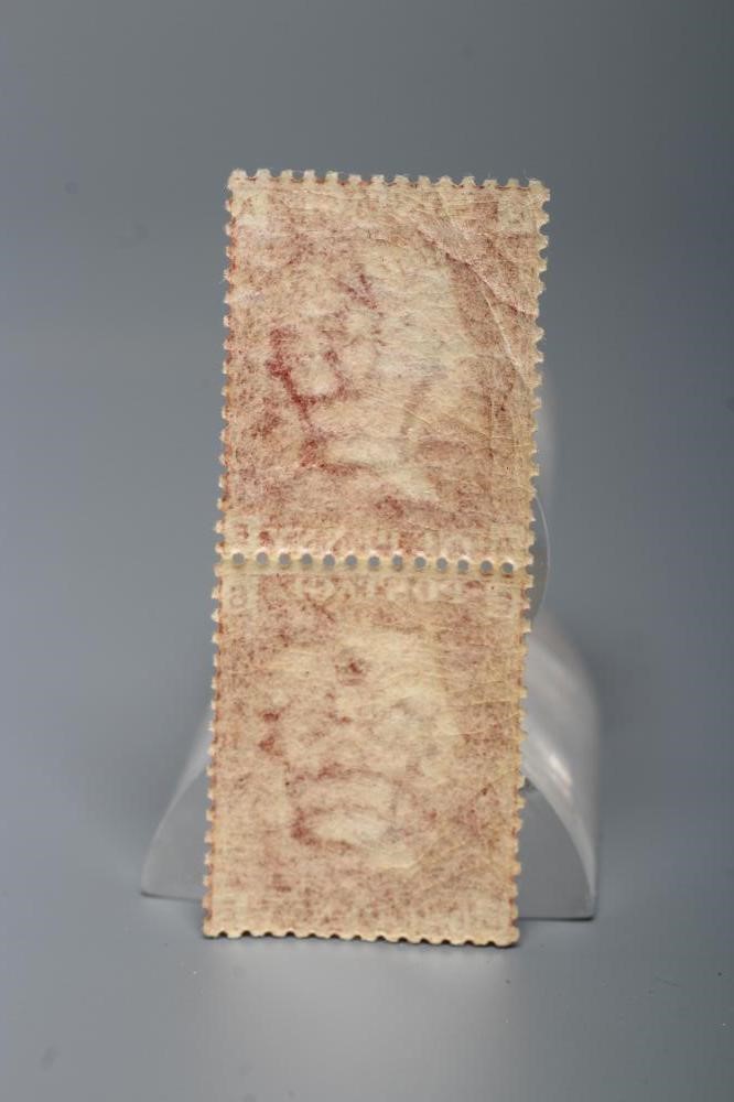 1864 1d RED PLATE 225 PAIR MINT (perforation fault and both stamps have significant creasing) (Est. Image