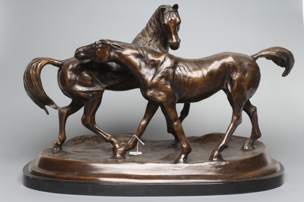 AFTER PIERRE-JULES MENE (French 1810-1879) bronze group of two horses, 20th century, unsigned, brown Image