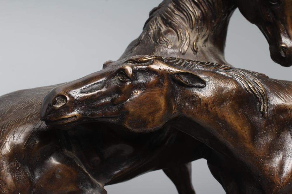 AFTER PIERRE-JULES MENE (French 1810-1879) bronze group of two horses, 20th century, unsigned, brown Image