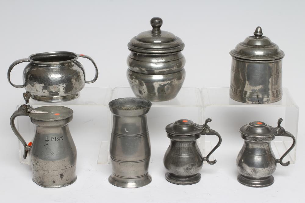 A COLLECTION OF PEWTER including a baluster half pint measure Image
