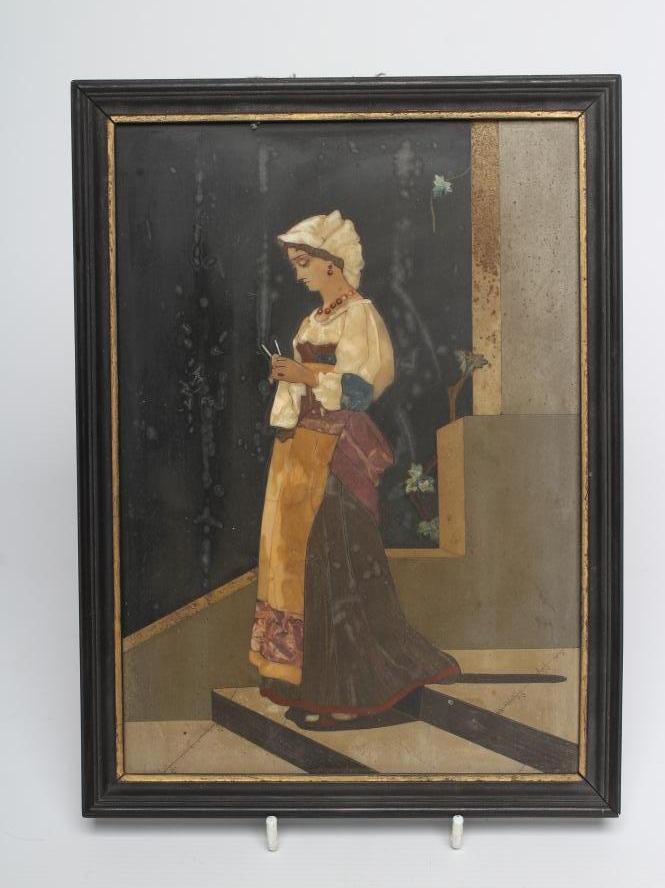 AN ITALIAN PIETRA DURA PANEL, 19th century, depicting a lady descending stone steps, unsigned, 9 Image
