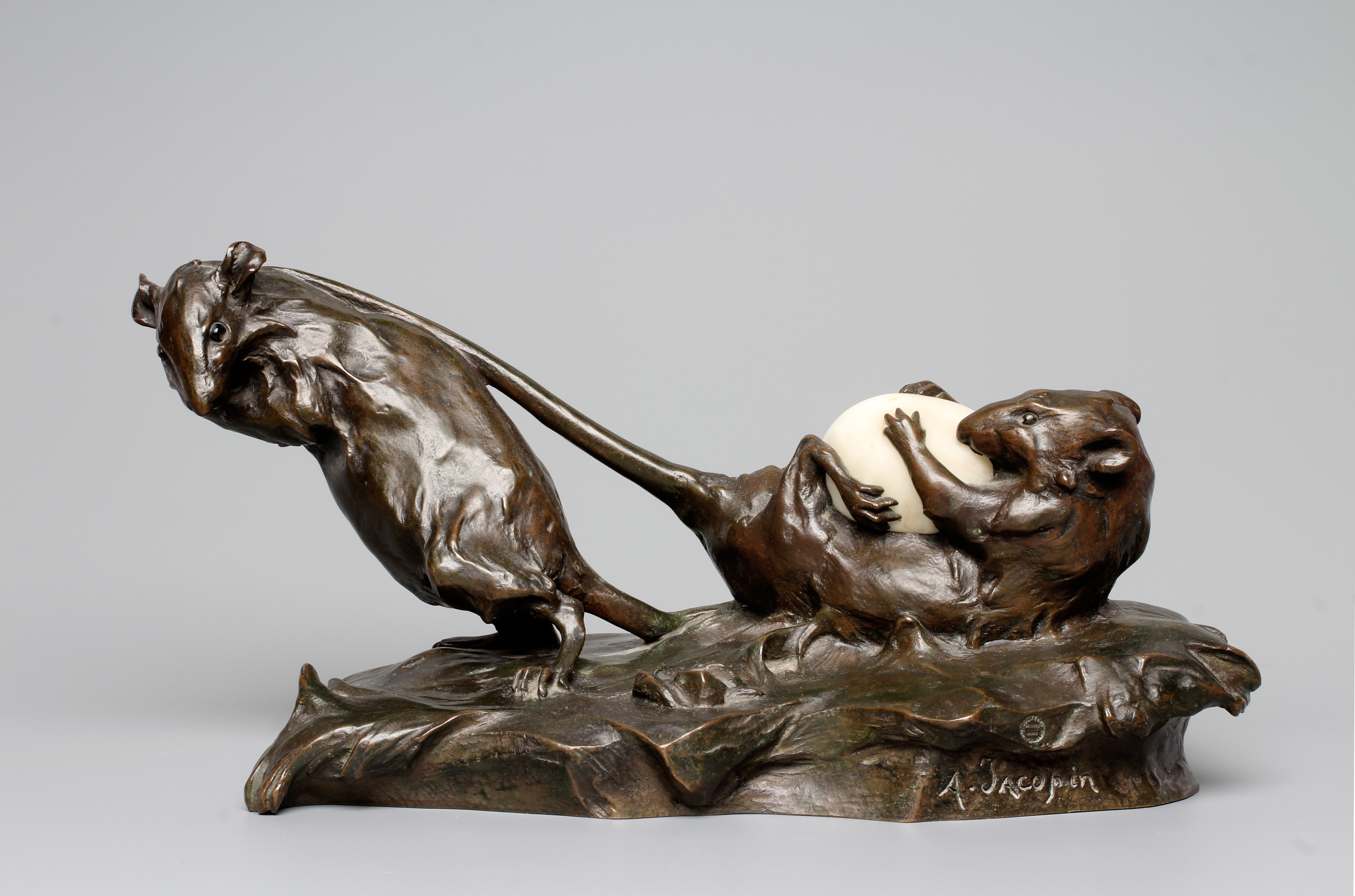 ACHILLE EMILE JACOPIN, (French 1874-1958) "Les Deux Rats et l'Oeuf", bronze, brown patination, Image