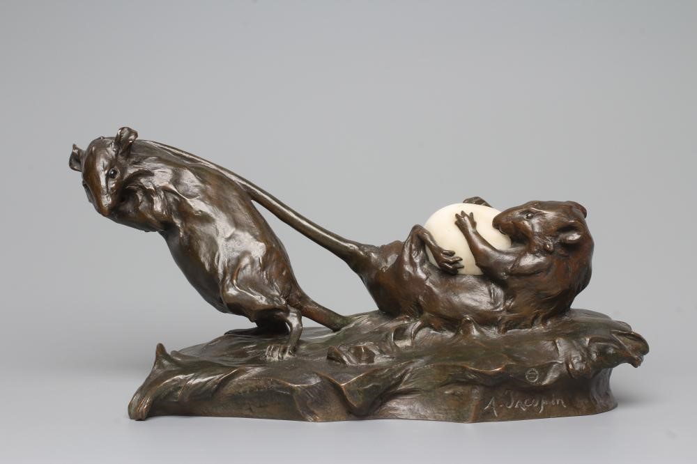 ACHILLE EMILE JACOPIN, (French 1874-1958) "Les Deux Rats et l'Oeuf", bronze, brown patination, Image