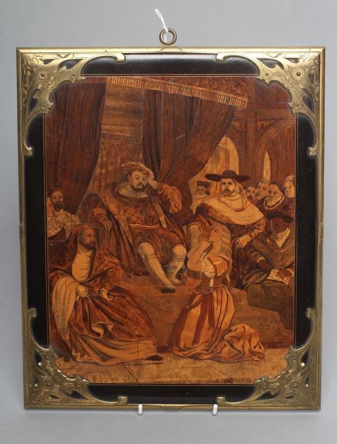 A VICTORIAN MARQUETRY PICTURE, of oblong form and depicting the court of King Henry VIII, set in a Image