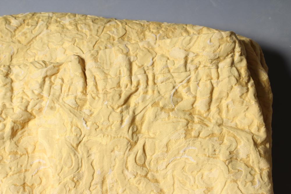 A PAIR OF GOLD RAISED DAMASK CURTAINS, modern, each lined and approximately 74" drop, 100" wide Image