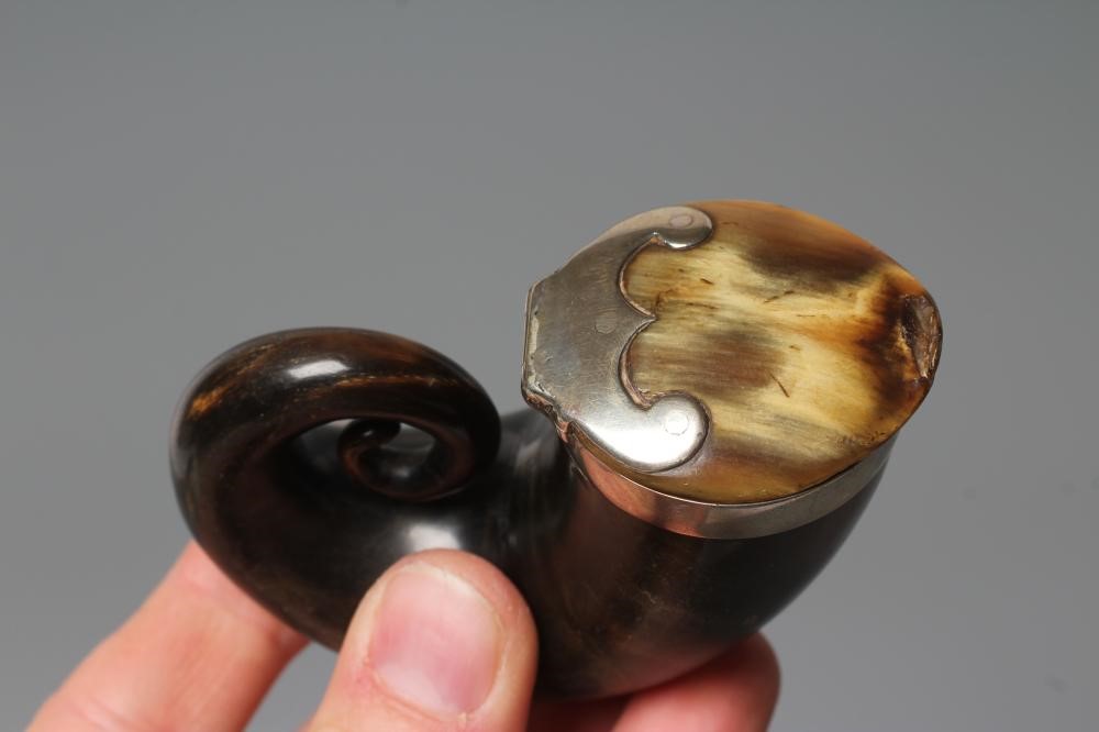 TWO VICTORIAN HORN SNUFF MULLS of typical form with plated mounts and hinged covers, 3 1/2" and 2 Image