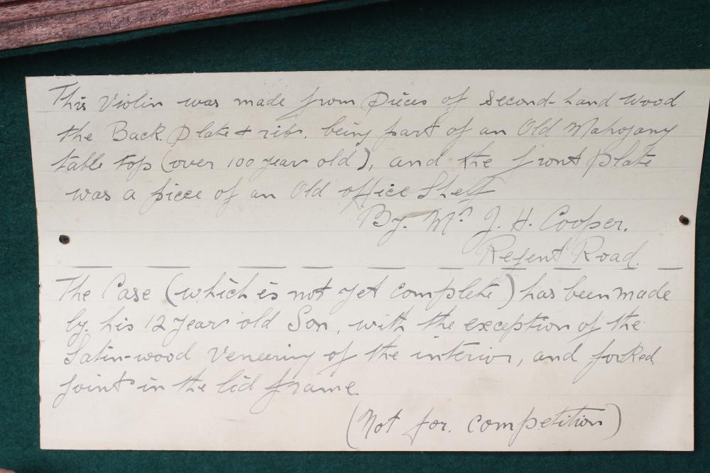 A SCRATCH BUILT MAHOGANY VIOLIN by J. H. Cooper Image