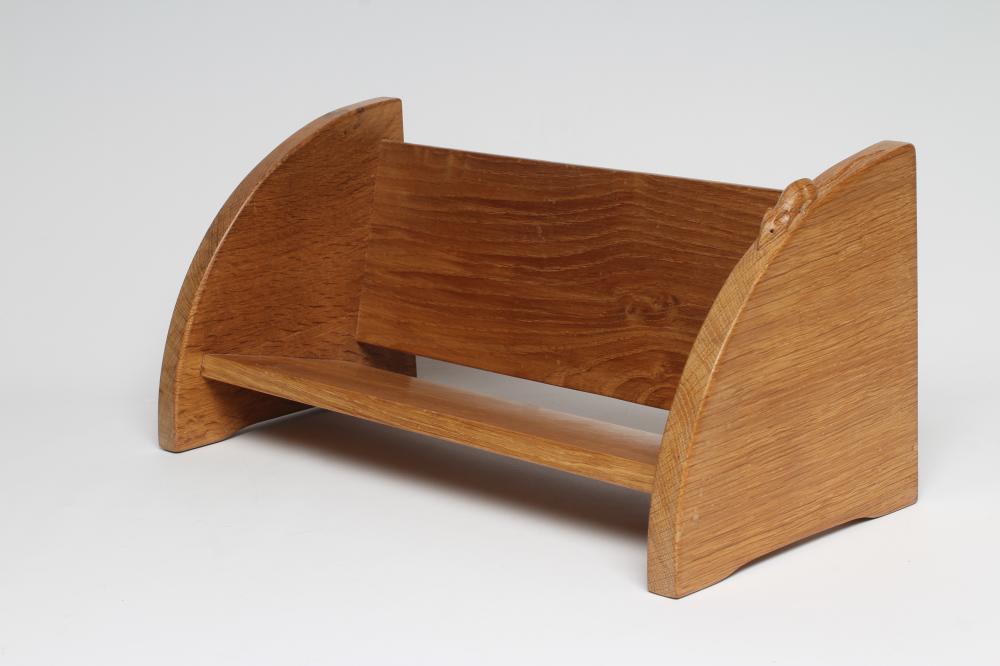 A ROBERT THOMPSON ADZED OAK BOOK TROUGH, the quadrant ends carved with mouse trademark in high Image