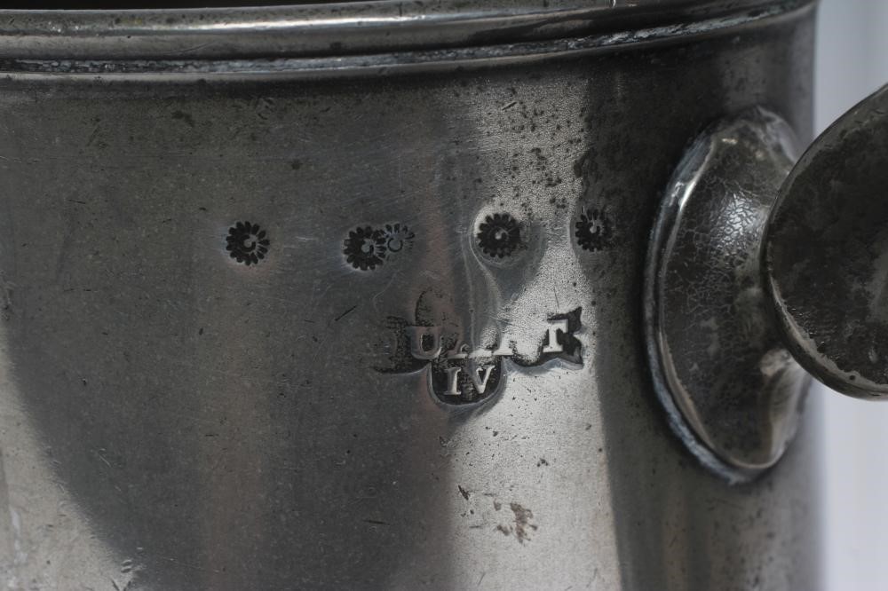 A GROUP OF FIVE PEWTER QUART REEDED MUGS, 19th century, one straight sided, the others of tulip form Image