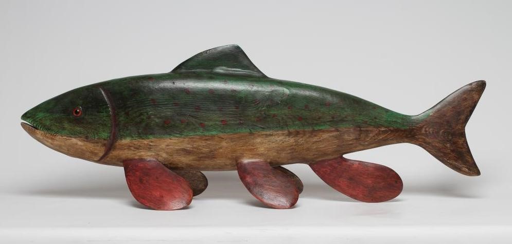 GUY TAPLIN (b.1939) a carved and painted model of a fish with inset amber eyes, signed, 40 x 14 Image