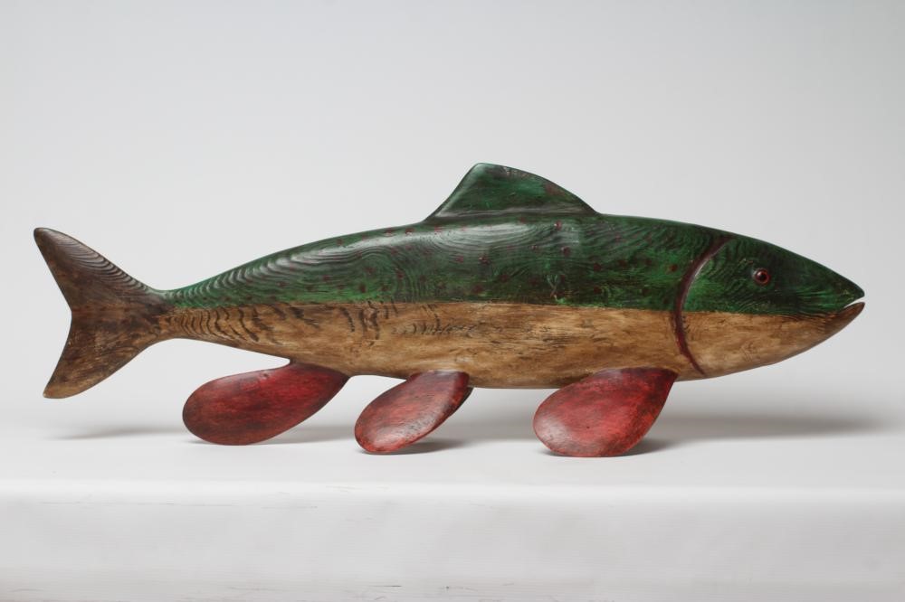 GUY TAPLIN (b.1939) a carved and painted model of a fish with inset amber eyes, signed, 40 x 14 Image