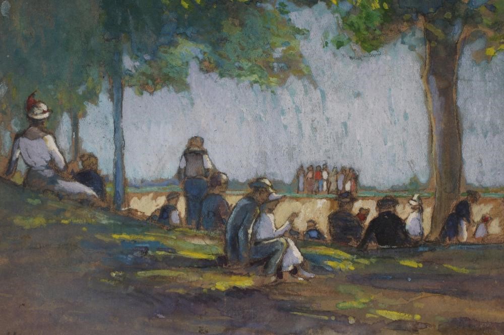 LAURENCE BELL (20th century) Figures Resting In the Shade, watercolour heightened with white, Image
