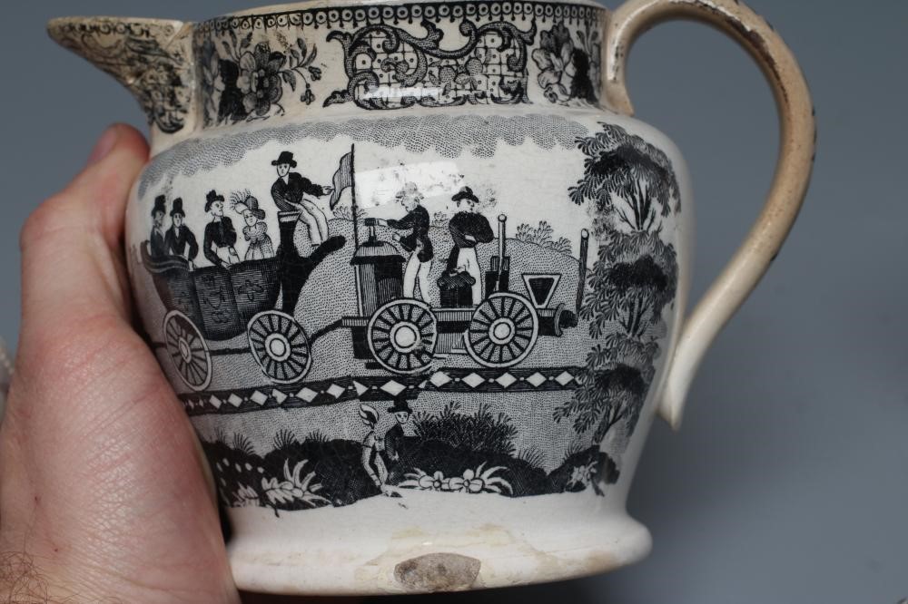 OF RAILWAY INTEREST - two graduated Staffordshire pottery "Dutch" jugs printed in underglaze black Image