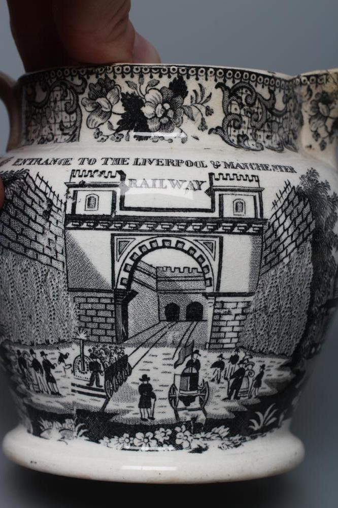 OF RAILWAY INTEREST - two graduated Staffordshire pottery "Dutch" jugs printed in underglaze black Image