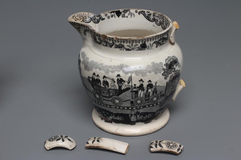 OF RAILWAY INTEREST - two graduated Staffordshire pottery "Dutch" jugs printed in underglaze black Image