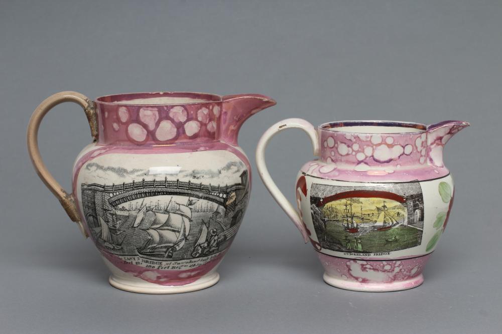 TWO SUNDERLAND PINK SPLASH LUSTRE DUTCH JUGS Image