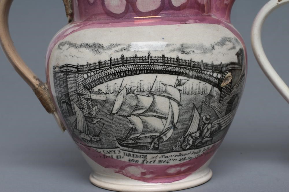 TWO SUNDERLAND PINK SPLASH LUSTRE DUTCH JUGS Image