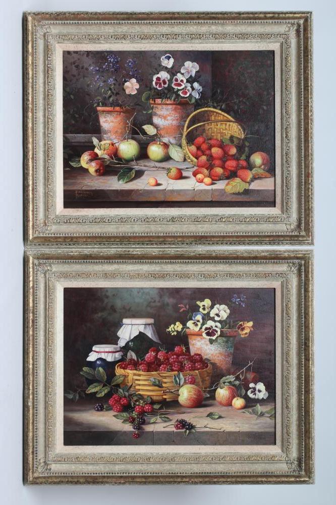 PAUL MORGAN (b.1940) Still Life with Fruit and Flower Pots, a pair, oil on board, signed, 12"x 16", Image