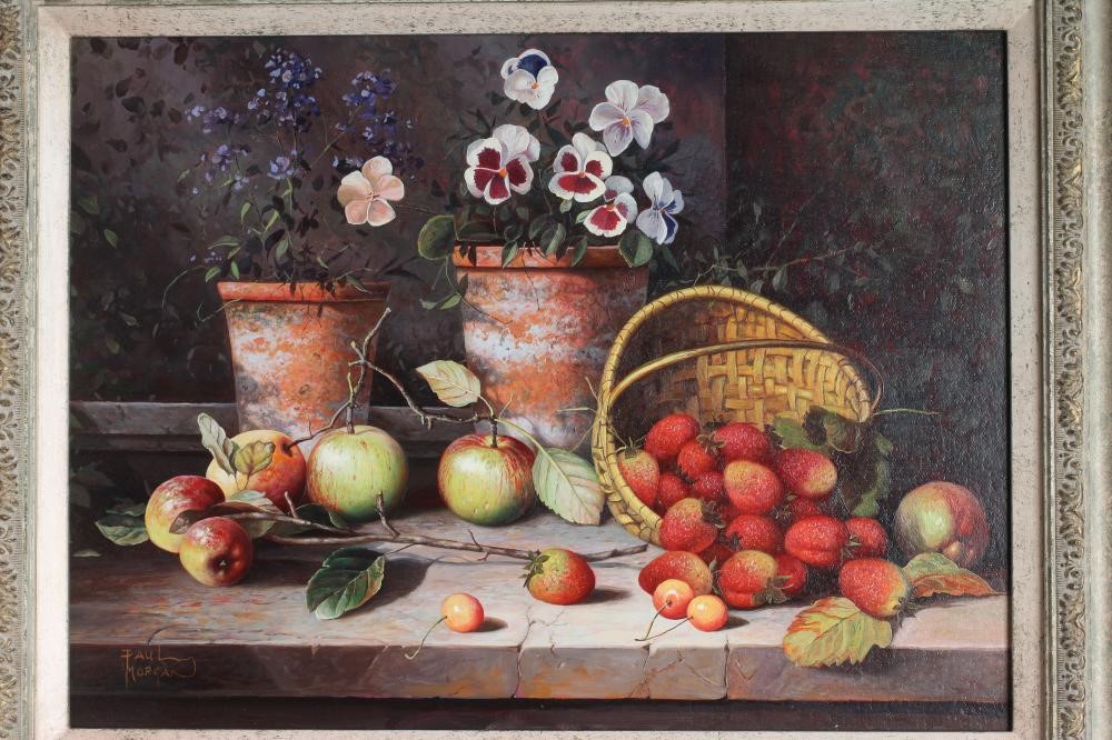 PAUL MORGAN (b.1940) Still Life with Fruit and Flower Pots, a pair, oil on board, signed, 12"x 16", Image