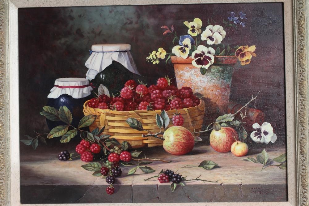 PAUL MORGAN (b.1940) Still Life with Fruit and Flower Pots, a pair, oil on board, signed, 12"x 16", Image