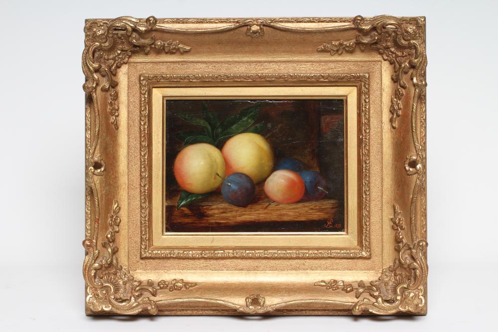 ENGLISH SCHOOL (19th century) Still life with Apples and Plums, oil on panel, signed with monogram Image
