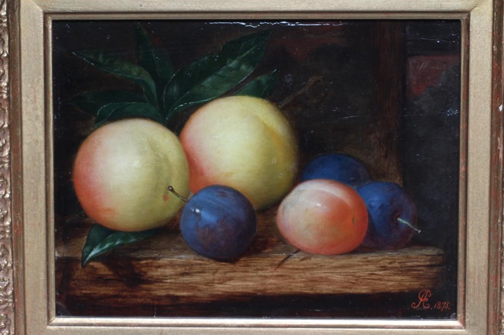 ENGLISH SCHOOL (19th century) Still life with Apples and Plums, oil on panel, signed with monogram Image