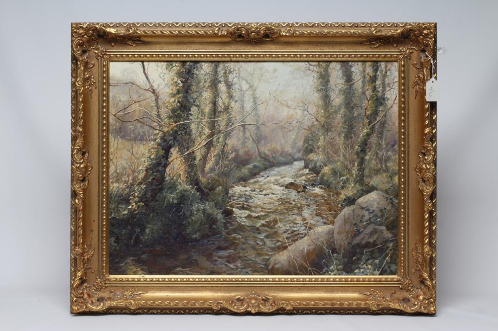 DENYS LAW (1907-1981) "Lamorna Stream", oil on board, signed, artist's label to reverse, 18" x 24", Image