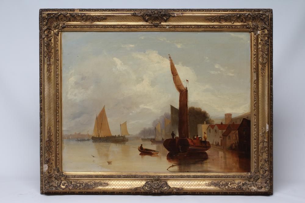 DUTCH SCHOOL (19th century) Estuary with Fishing Boats, oil on canvas, unsigned, 18" x 24", gilt Image