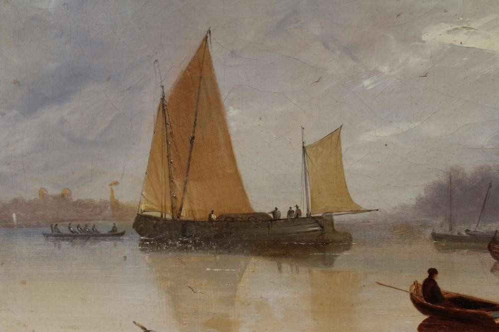 DUTCH SCHOOL (19th century) Estuary with Fishing Boats, oil on canvas, unsigned, 18" x 24", gilt Image