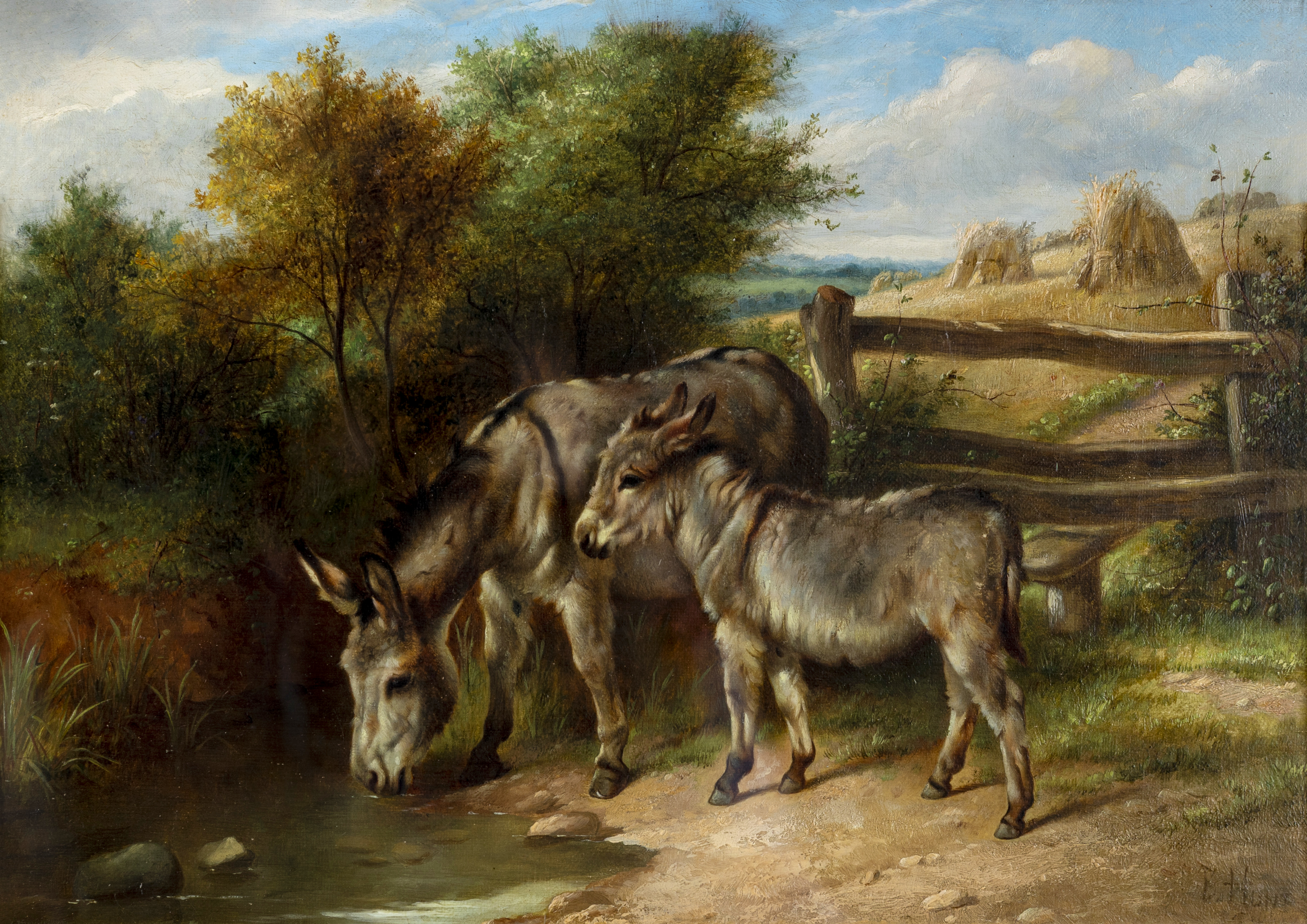 CHARLES HUNT (1803-1891) Donkeys Near a Cornfield, oil on canvas signed, indistinctly dated, 10" x Image