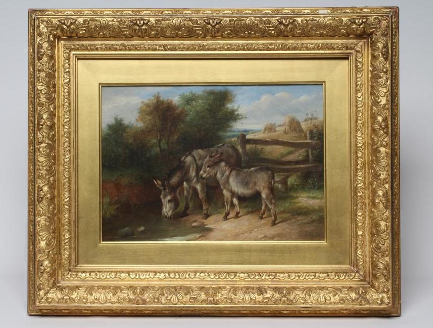 CHARLES HUNT (1803-1891) Donkeys Near a Cornfield, oil on canvas signed, indistinctly dated, 10" x Image