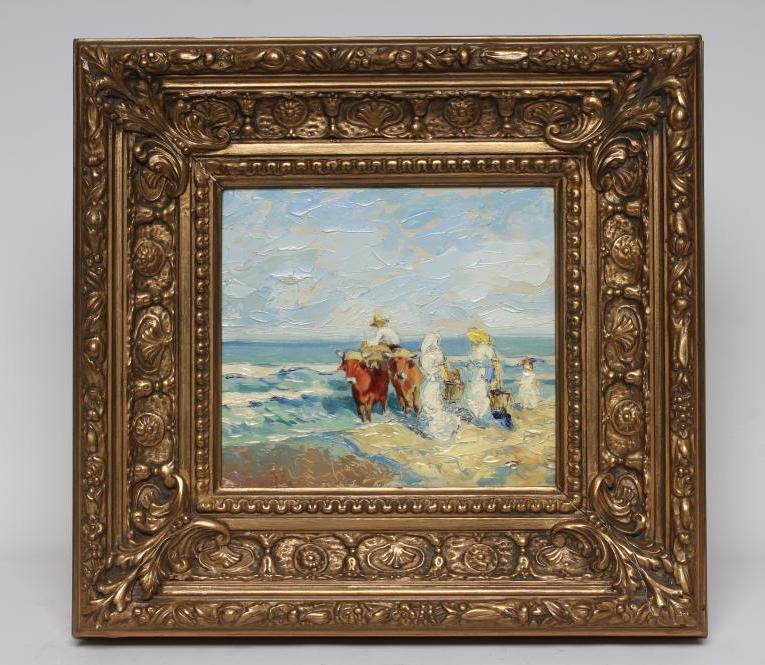ATTRIBUTED TO SALVADOR VILAPLANA (Spanish 1900-1948) Beach Scene with Figures and Oxen, oil on Image