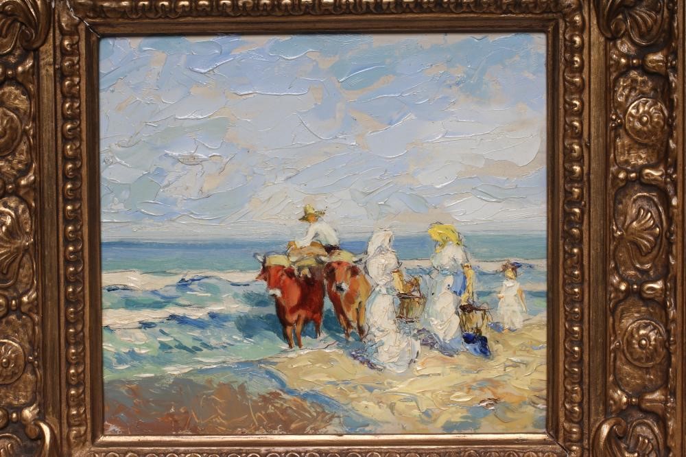 ATTRIBUTED TO SALVADOR VILAPLANA (Spanish 1900-1948) Beach Scene with Figures and Oxen, oil on Image