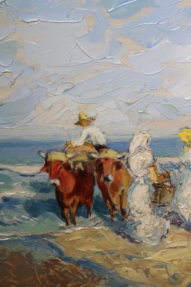 ATTRIBUTED TO SALVADOR VILAPLANA (Spanish 1900-1948) Beach Scene with Figures and Oxen, oil on Image