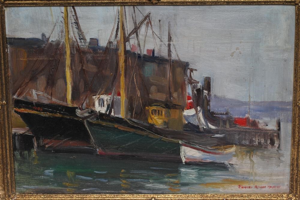 FLORENCE ARMES HOSMER (American 1880-1978) Harbour Scene with Fishing Boats, oil on panel, signed, Image