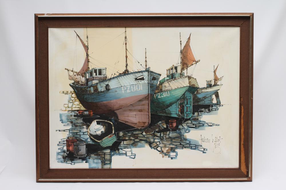 ANTHONY LITNI (20th century), Fishing Boats in Dry Dock, oil on canvas, signed and dated (19)75, 30" Image